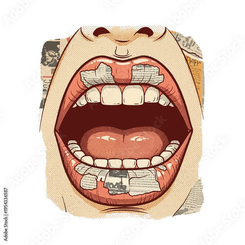 Close-up of a person's open mouth with teeth covered in torn newspaper fragments.