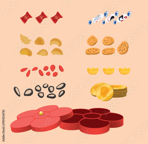 Lunar New Year candy box, box with candied lotus root, Fried dumplings, Red melon seeds, black melon seeds, White candy.Chinese New Year celebration and Chinese culture concept.