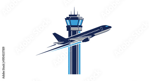 Airplane Taking Off Near Airport Control Tower