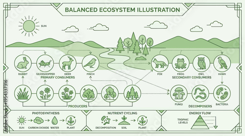 Balanced Ecosystem Illustration with Food Chain and Energy Flow.