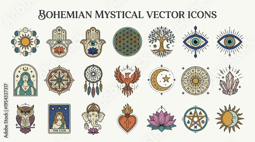Bohemian Mystical Vector Icons Collection with Spiritual Symbols.