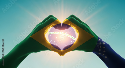 Brazilian flag hands heart shape vector illustration with order and progress motto
