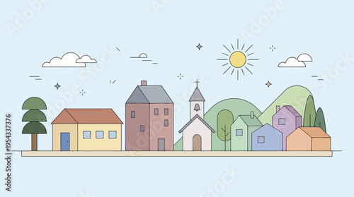 Charming Minimalist Townscape with Colorful Houses and Church.