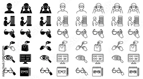 Eyewear Shopping Vector Icons Pack – Solid Black Silhouettes and Outlined Drawings of Glasses, Mirror, Computer, Bag, Hands Holding Eyewear, Minimalist Line Art Vector