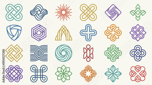 Collection of Abstract Geometric Symbols and Icons in Various Colors.