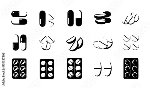 Modern pills and tablets vector set with capsule icons and pharmacy medicine collection in flat style