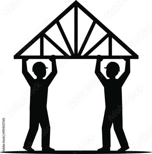 Two workers constructing roof truss