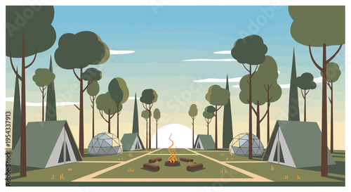 Camping Tents and Geodesic Domes in Forest