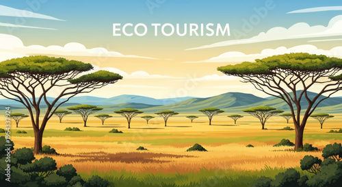 Eco tourism savannah landscape with acacia trees