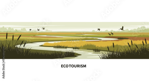 Ecotourism landscape with winding river and birds