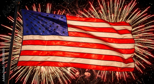 American flag waving with vibrant fireworks display at night