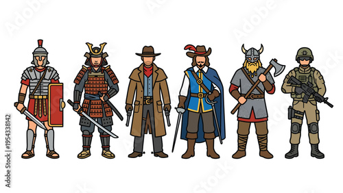 Diverse Historical Warriors and Soldiers Collection Roman Samurai Cowboy Musketeer Viking Modern Military