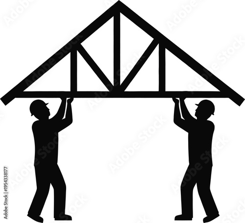 Construction workers assembling roof truss