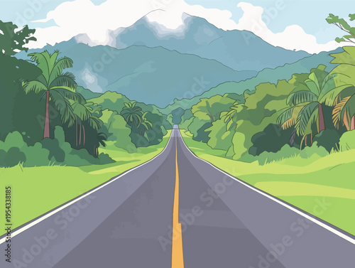 Wide road stretches through green landscape with mountains in background under blue sky during daytime