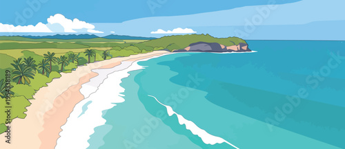 Beach scene with waves, sand, and palm trees under a clear sky in a coastal area by the ocean during daytime