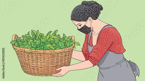 Woman carries basket of green leaves while wearing a mask in a simple setting