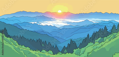 Mountains under sunrise with green valleys and visible clouds in the distance