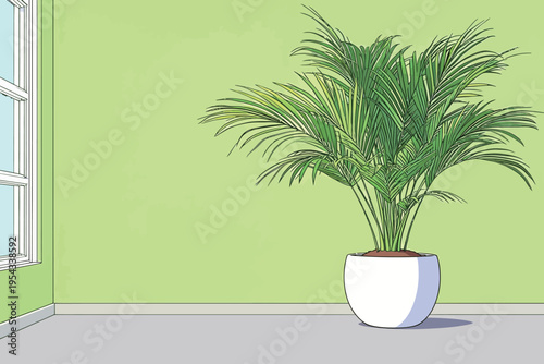 Large green plant in a white pot inside a bright room with green walls and natural light coming through a window