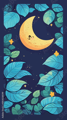 Bright moon shines in night sky surrounded by green leaves and yellow flowers in a colorful nature scene with stars