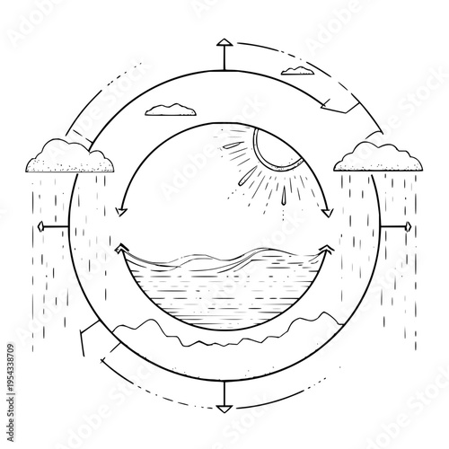 Schematic illustration of the water cycle showing evaporation condensation and precipitation processes