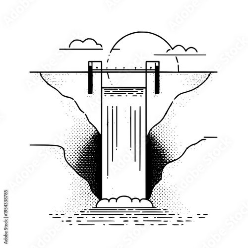 Minimalist illustration of a dam with flowing water and a sun setting in the background creating a scenic view