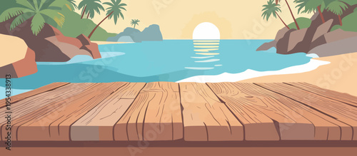 Sunset view from wooden deck by the beach with palm trees and gentle waves in the ocean during evening hours