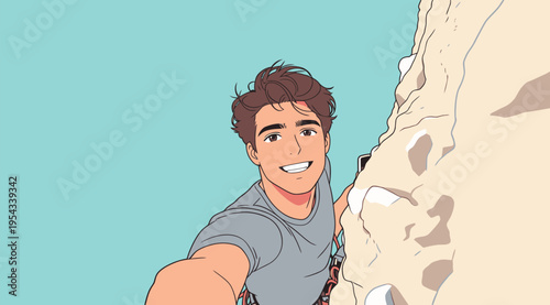 Climber takes selfie while scaling a rock wall during a sunny day outdoors