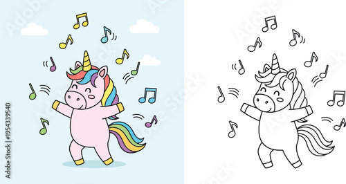 Cute Cartoon Dancing Unicorn with Musical Notes, Happy Magical Creature Listening to Music, Includes Color and Line Art Outline for Coloring Book Page for Kids Activity