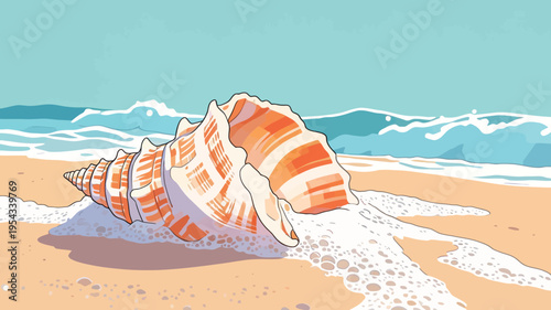 Seashell rests on sandy beach with gentle waves in the background during sunny day
