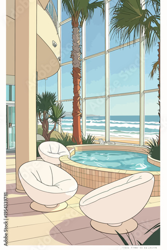 Luxury indoor seating area with a view of the beach and ocean at a sunny resort