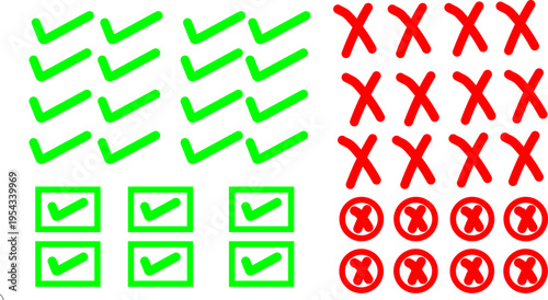 Check tick mark icon set, hand drawn doodle red cross box x check mark green checkbox , vector illustration 