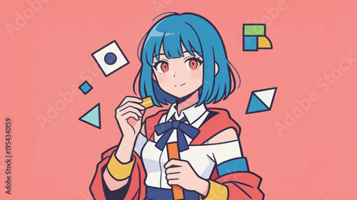 Young girl eating snack with colorful shapes and patterns in background, bright setting during daytime