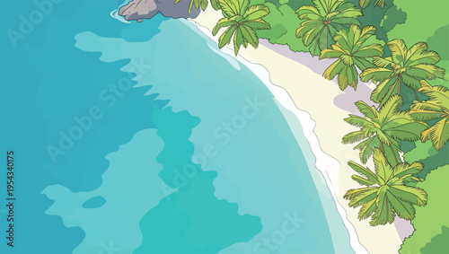 Bright tropical beach with clear water and palm trees by the shore during a sunny day