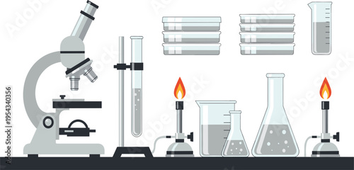 Laboratory Equipment Icon Set Featuring Microscope, Test Tubes, Beakers, Flasks, and Bunsen Burners for Scientific Experiments