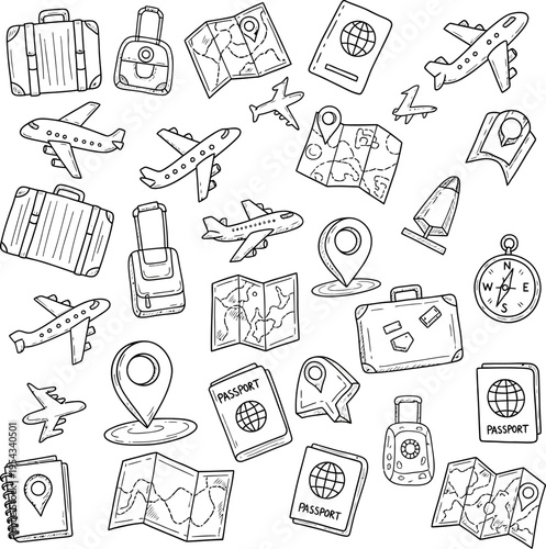 Collection of hand-drawn icons representing travel and adventure, featuring luggage, passports, maps, and airplanes for a creative project