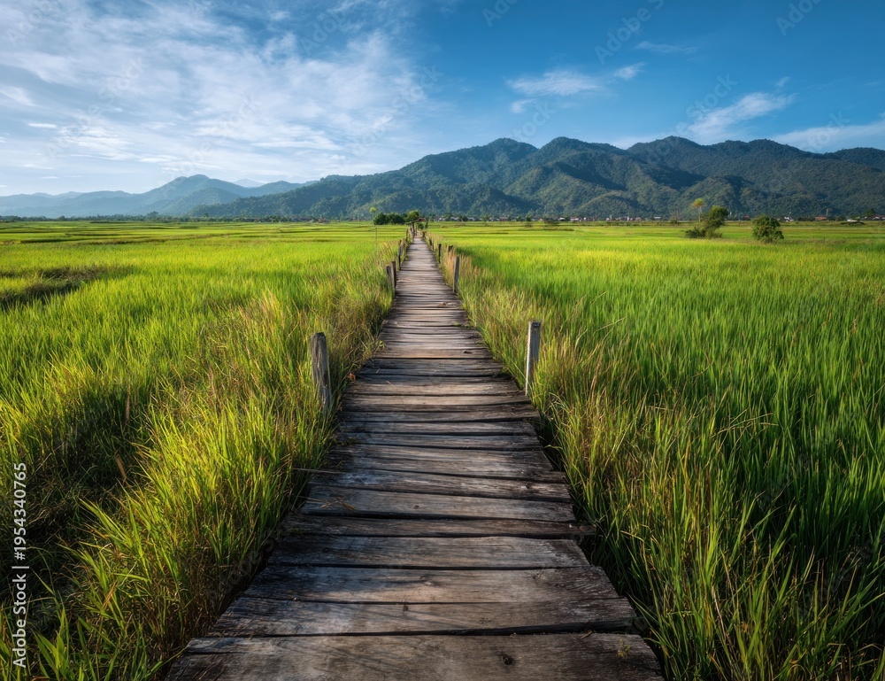Fototapeta premium A serene wooden pathway leads through lush green rice fields, framed by majestic mountains under a clear blue sky.