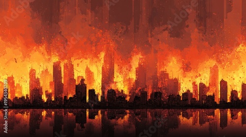 Fiery cityscape silhouette with reflection against vibrant orange sky dramatic scene