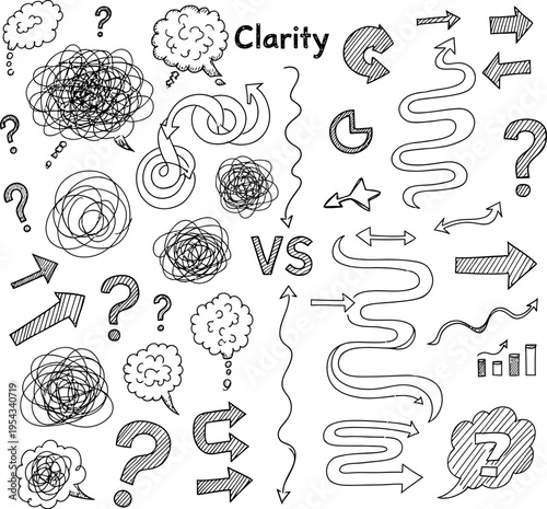 Abstract hand-drawn illustration depicting the journey from tangled problems and confused thoughts to clear direction, organized solutions, and decisive understanding