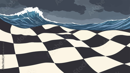Waves crash over a checkerboard landscape creating a surreal scene of water and pattern
