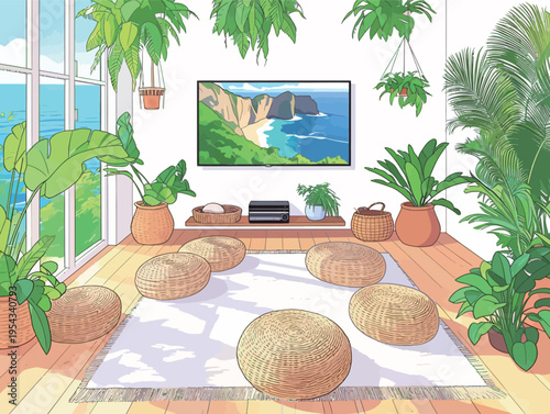 Cozy indoor space with plants and a view of the ocean on a sunny day