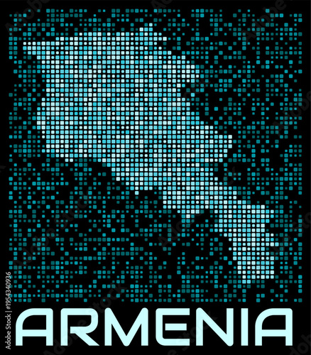 Armenia digital dotted map. Shape of the country in cyan color palette on dark background. Futuristic Armenia map design. Vector illustration.