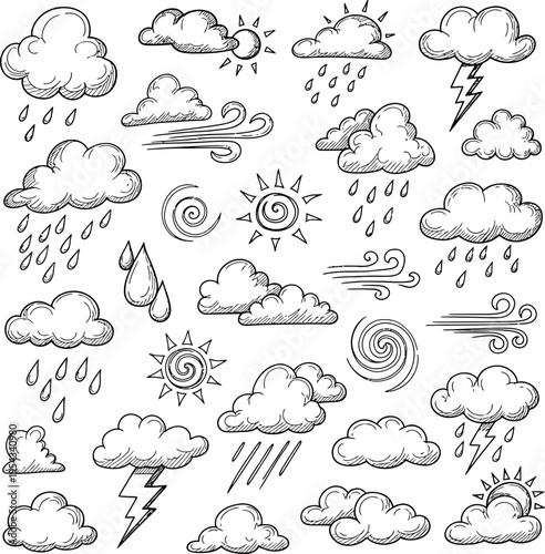 A comprehensive hand-sketched ensemble of diverse weather conditions, including sunny skies, cloudy days, rain showers, lightning strikes, and swirling winds