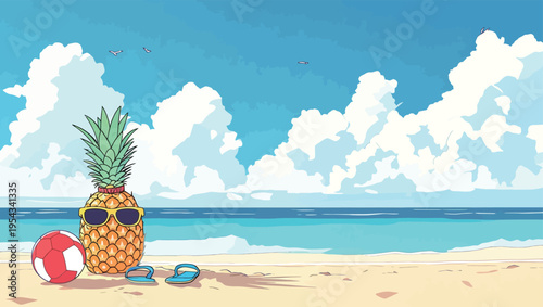 Pineapple wearing sunglasses on a beach with ball and flip-flops near the water on a sunny day
