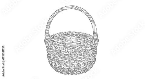 A simple black and white illustration of a wicker basket with a handle.