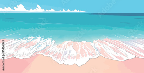 Waves gently touch the sandy shore at a beach under a clear blue sky during a sunny day