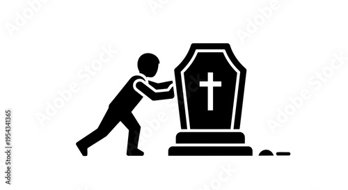 A person is pushing a tombstone with a cross on it.