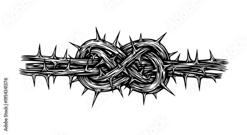 A black and white image of a chain entwined with thorns and a knot.