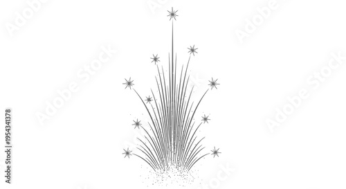 A simple black and white illustration of fireworks exploding in the sky