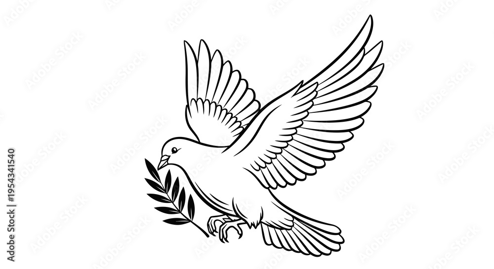 Fototapeta premium A simple black and white drawing of a dove flying with an olive branch.