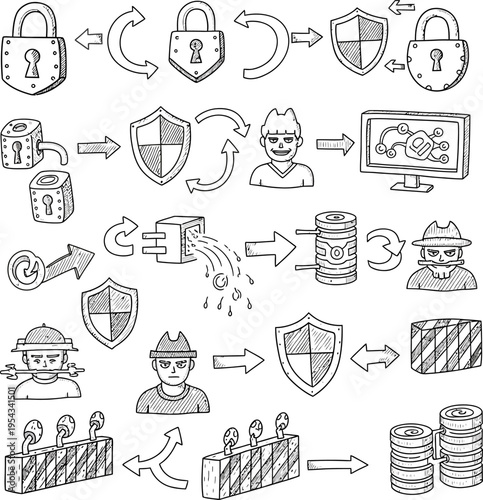 Cybersecurity concept illustrations showing threats, protection, and digital data flow with icons and diagrams